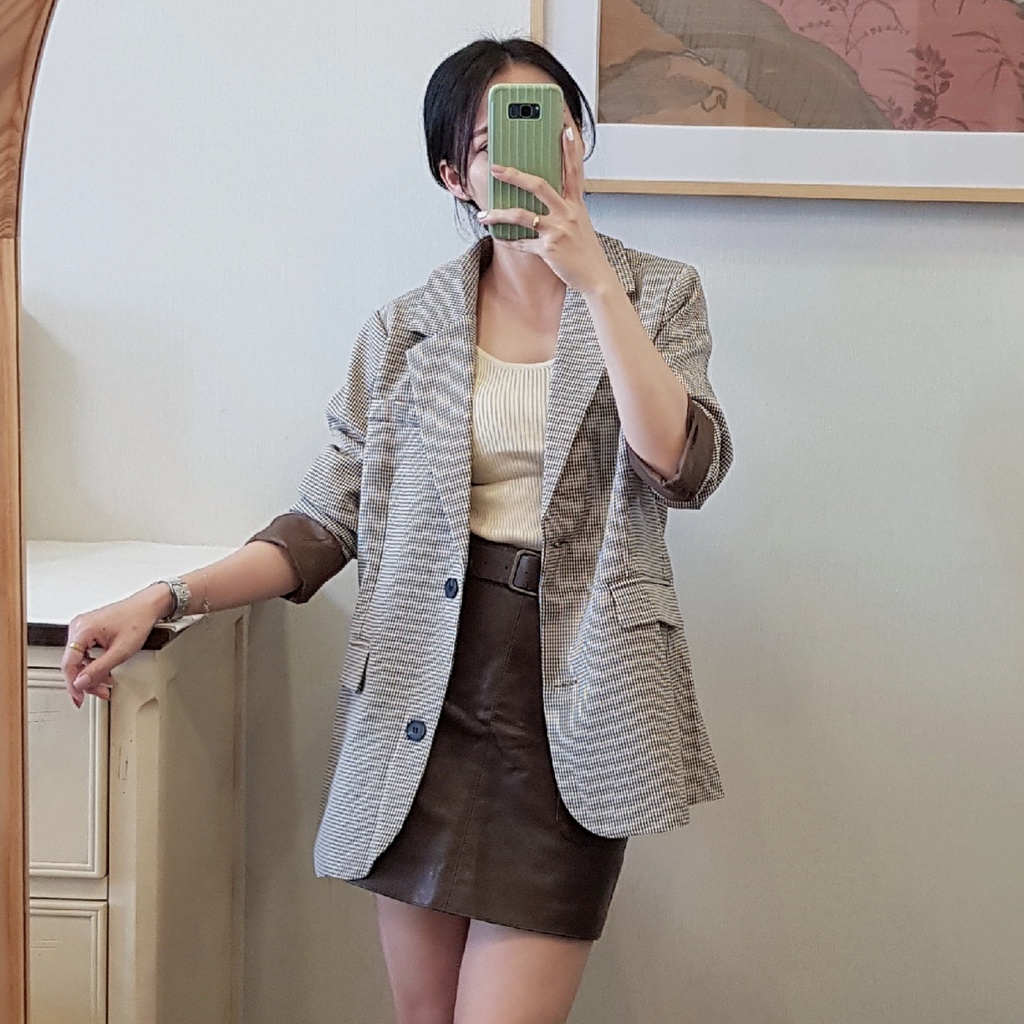 [BLAZER 06] Blazer dài tay hai lớp kẻ nâu phong cách Hàn Quốc, Áo vest nữ