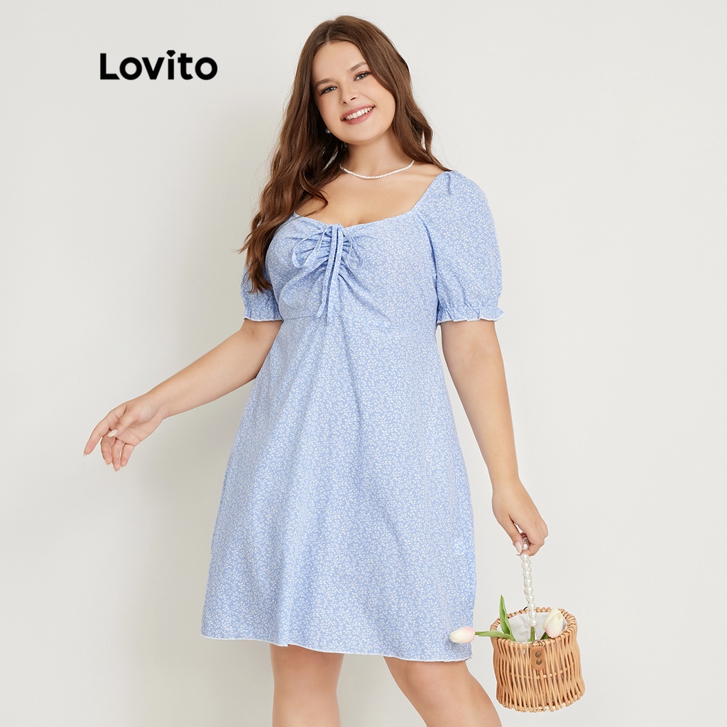 Váy Lovito bigsize curve Ditsy Floral Drawstring Boho LPS02024 (Xanh lam nhạt)