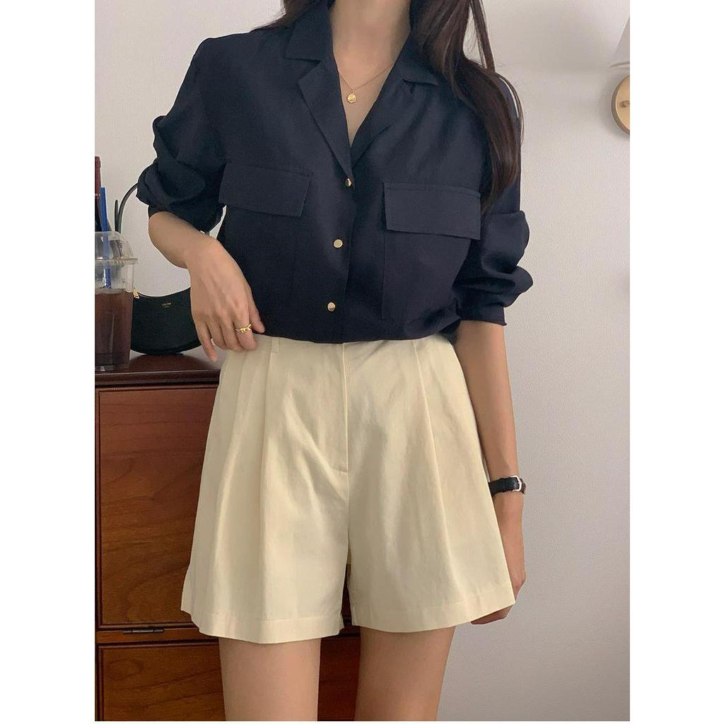 Áo Sơ Mi Dài Tay Cổ polo Phối Túi Đôi Kiểu Vintage Pháp Sành Điệu 55567