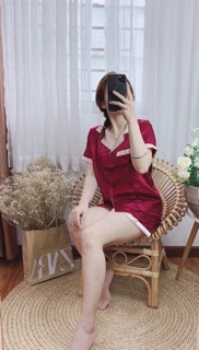 Bộ Pijama mặc nhà Phi Lụa đùi phối túi 2 màu dưới 65kg