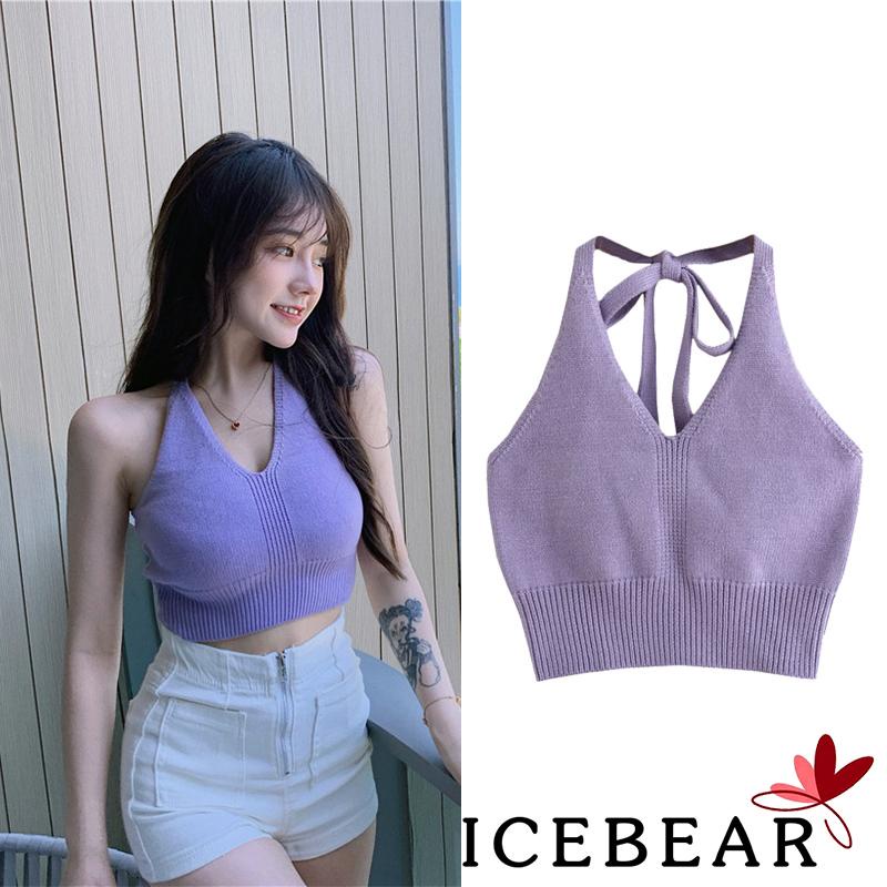 Áo croptop dệt kim không tay cổ chữ V màu trơn thời trang cho nữ