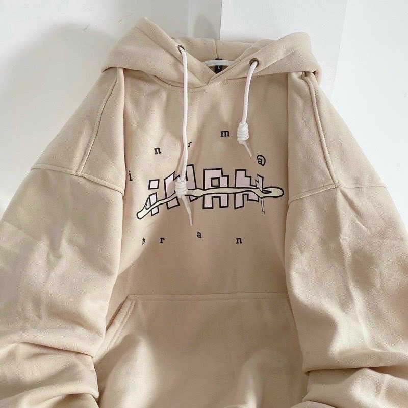 Áo Hoodie INAM Form Rộng Tay Phồng 2 Màu Trắng Hồng, Áo Nỉ Có Mũ Nam Nữ