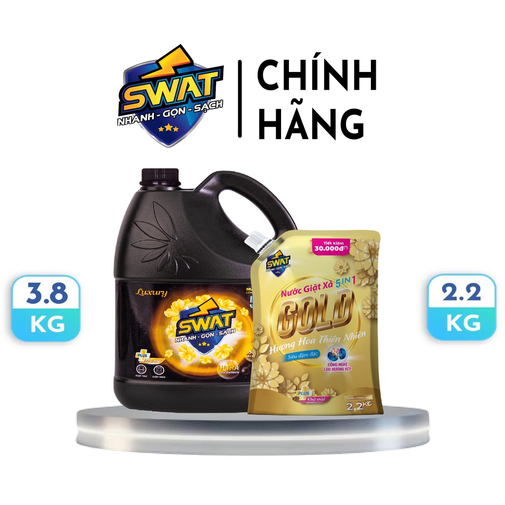 [Mã BMBAU50 giảm 7% đơn 99K] Combo 1 can nước giặt xả SWAT Luxury 3.8kg + 1 túi nước giặt xả SWAT Gold 2.2kg