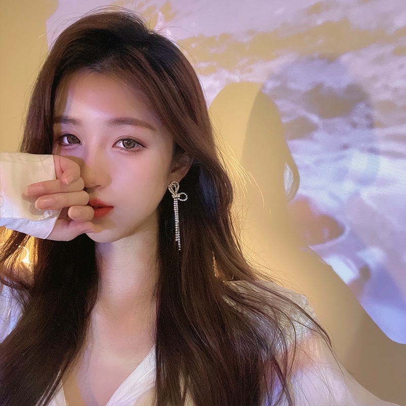 Bông Tai Hình Nơ Đính Đá Lấp Lánh Phong Cách Hàn Quốc Dành Cho Nữ