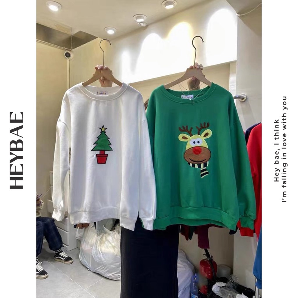 Áo sweater oversize Xmas HEYBAE vải nỉ ngoại dáng rộng hoạ tiết Giáng sinh có mũ dài tay nỉ dày dặn AK052 | BigBuy360 - bigbuy360.vn