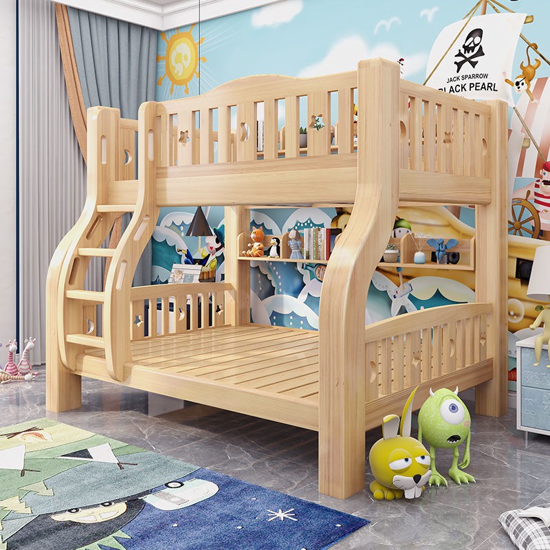 Giường tầng cho mẹ và trẻ bằng gỗ nguyên tấm dày dặn, hai lớp, cao thấp người lớn, em, lớn con
