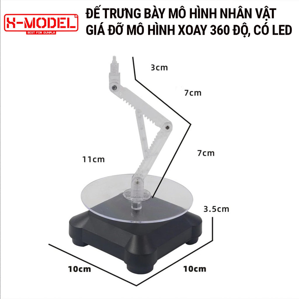 Đế trưng bày mô hình X- MODEL xoay 360 độ có led, chạy bằng năng lượng mặt trời có thể sử dụng thêm pin có công tắc VT01