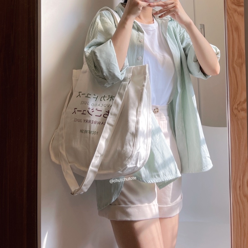 T285/ Túi vải tote Nhật Bản dễ thương Strawberry đi kèm dây đeo chéo