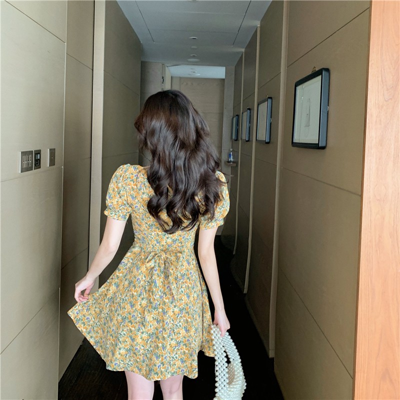 Xiaozhainv Đầm Cổ Vuông Tay Phồng Họa Tiết Hoa Xinh Xắn Phong Cách Retro Hàn Quốc | BigBuy360 - bigbuy360.vn
