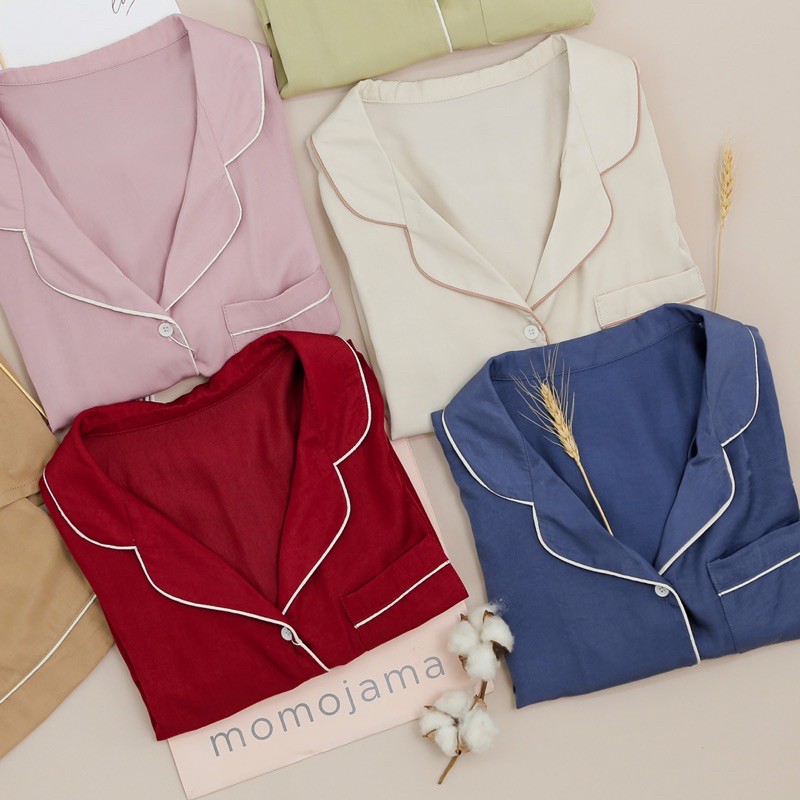Bộ Pijama lụa trơn MOMOJAMA áo cộc quần cộc, bộ đồ mặc nhà cute chất liệu lụa tằm, size từ 40 -70kg, M1922 | BigBuy360 - bigbuy360.vn