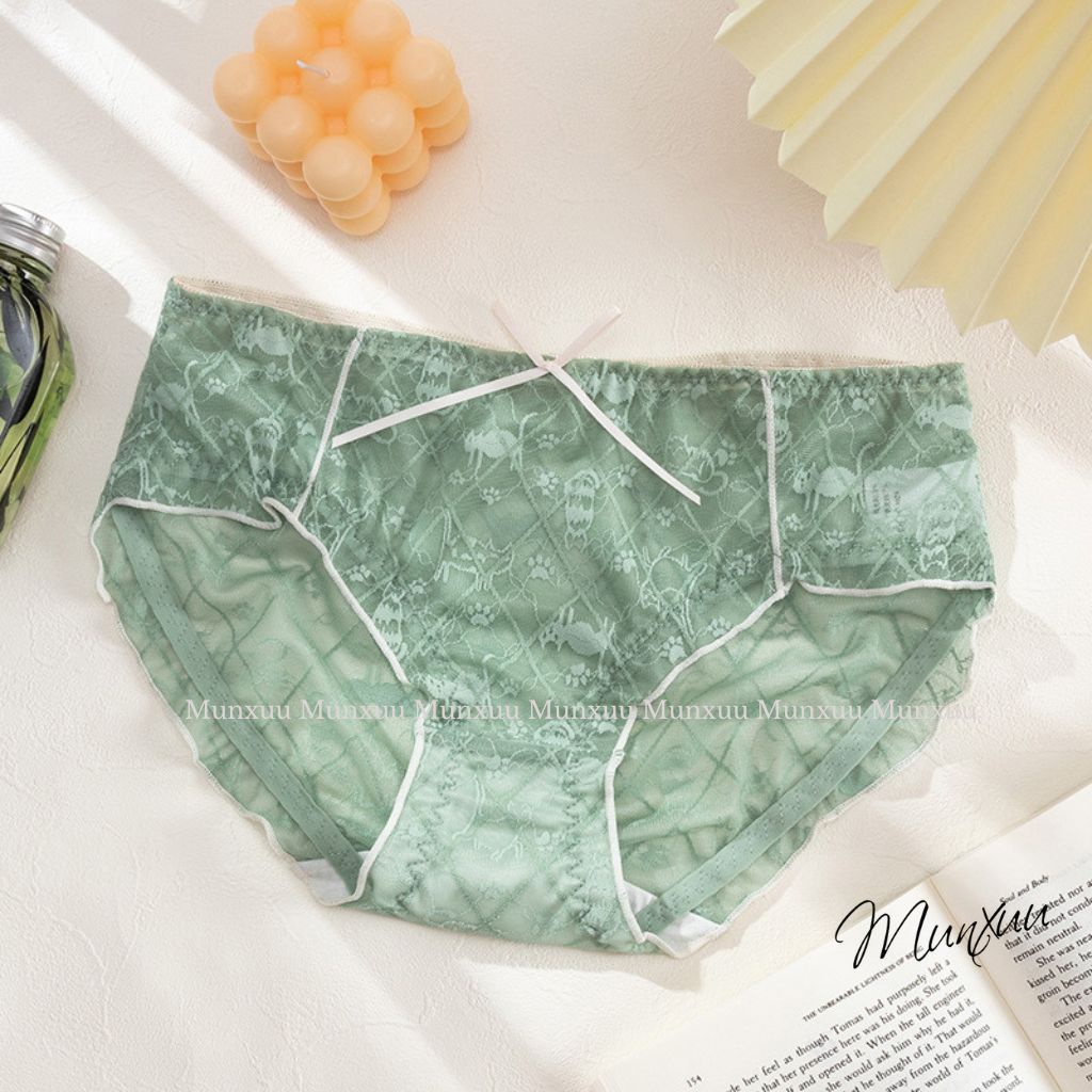 Quần lót ren nữ cao cấp MUNXUU họa tiết mèo phối nơ điệu đà, chất ren mềm mại thông thoáng - QC130