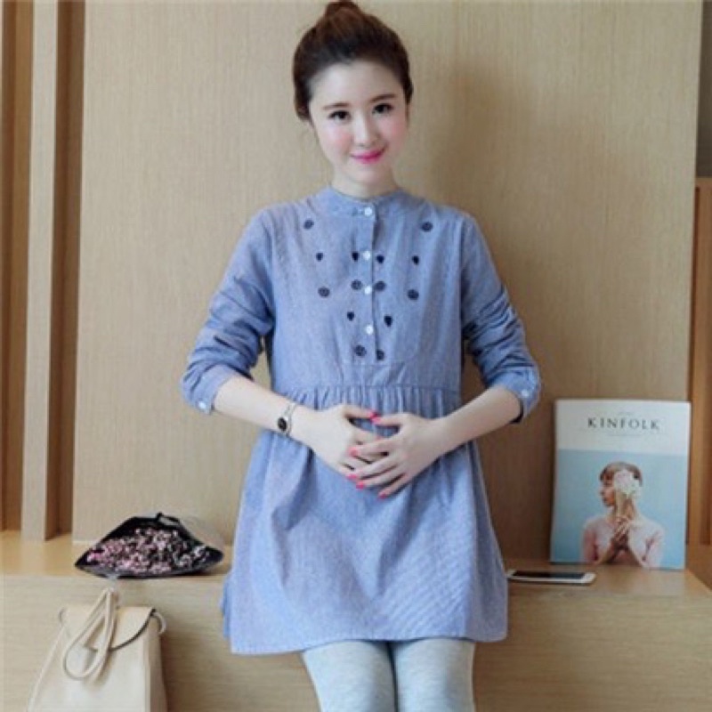 Áo Bầu thêu nổi siêu xinh,dáng xuông ,cổ đức mặc đi học ,đi làm ,đi chơi siêu xinh,freesize 43-68kg