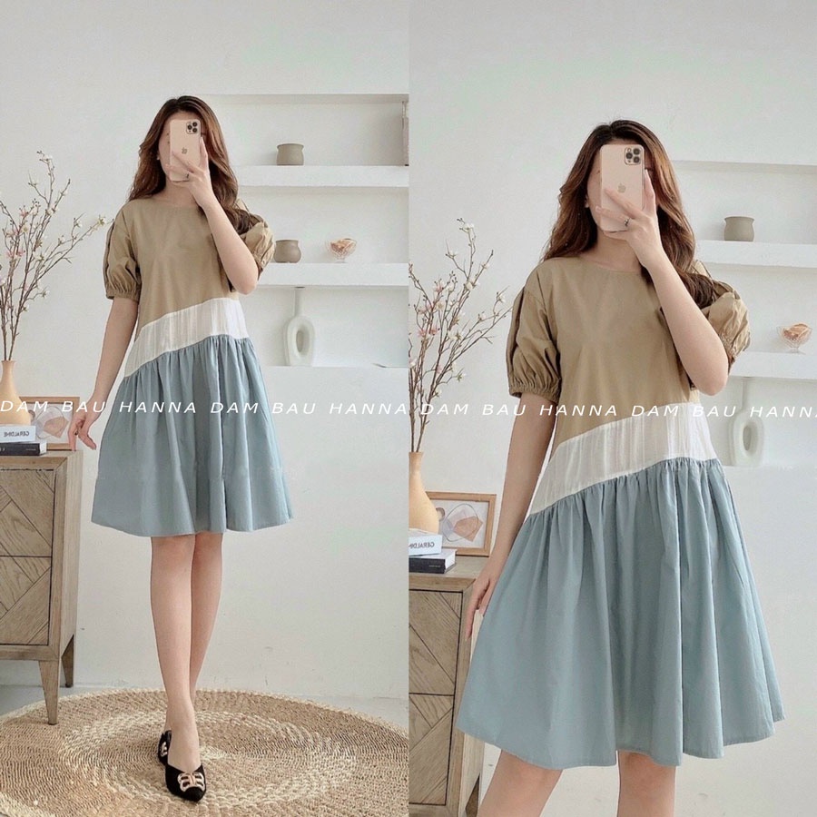 [HANNA] Đầm bầu công sở dễ thương cho mẹ trẻ vải thoáng mát cao cấp thầm mồ hôi tốt cho mùa hè dài qua gối có túi 2 bên