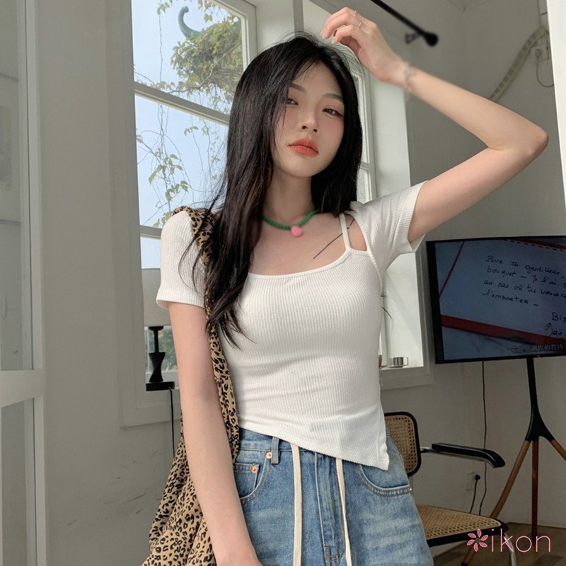 Áo Thun Tay Ngắn Cổ Vuông Màu Sắc Đơn Giản Dành Cho Nữ