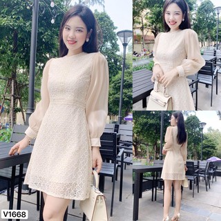 Váy nữ đẹp 👗 đẹp dvc 💕 đầm nữ ren kem tay voan v1668