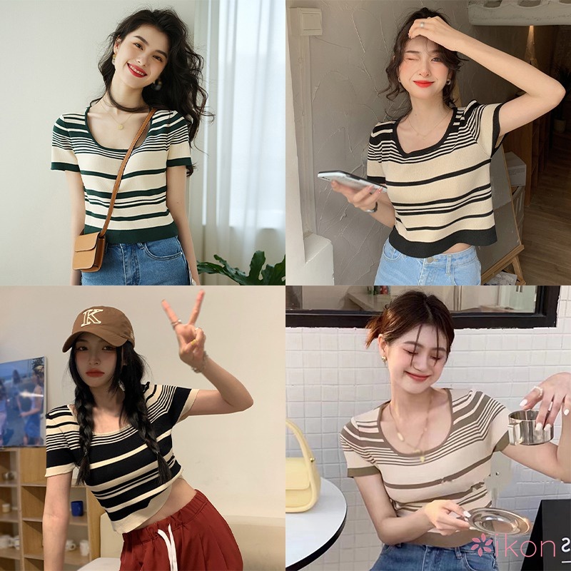 Áo Thun Nữ Ngắn Tay Cổ Tròn Sọc Ngang Thời Trang
