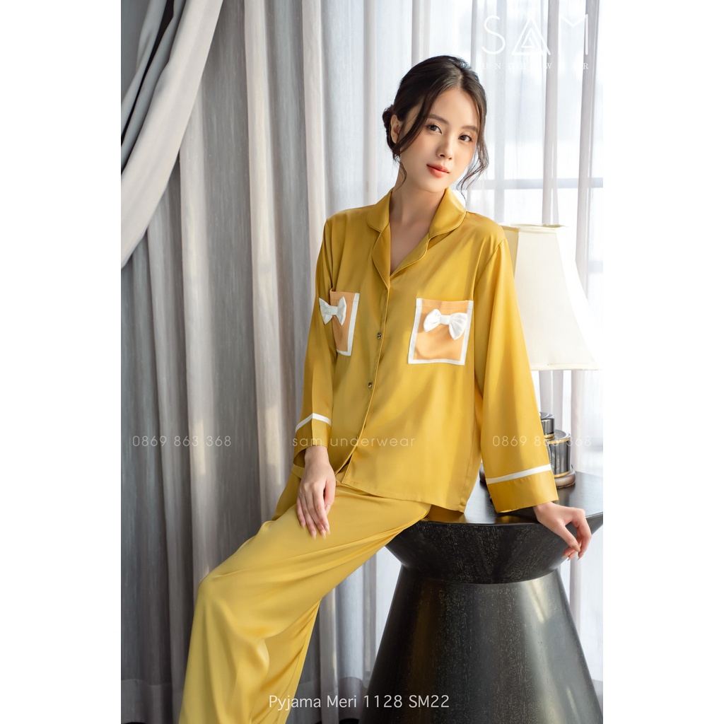 Bộ mặc nhà lụa satin cao cấp SAM - Meri 1128 SM22 áo dài tay dài không hoạ tiết