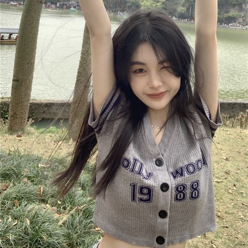 Áo thun ZHELIHANGFEI dệt kim tay ngắn in chữ thời trang dành cho nữ