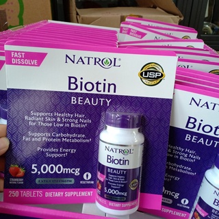 Viên ngậm hỗ trợ mọc tóc hương dâu Natrol Biotin Beauty 5000mg Extra Strength của Mỹ