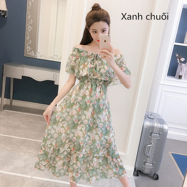 Đầm Maxi trễ vai in hoa bằng vải chiffon cho nữ