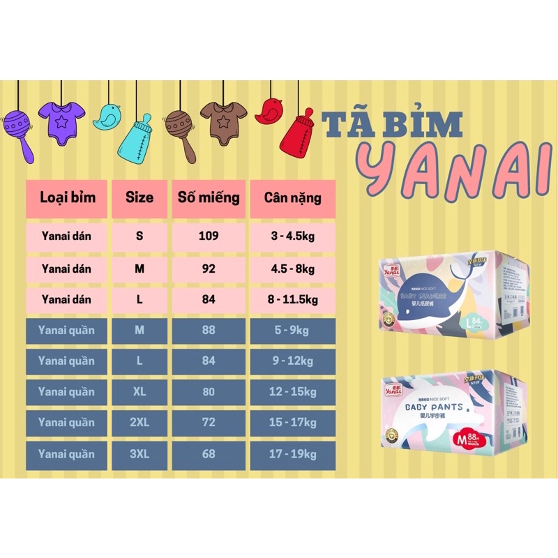 [CÓ SẴN ] TÃ BỈM YOULI / YANAI NỘI ĐỊA TRUNG DÁN/QUẦN SIZE S108/M92/L84/XL80/XXL72