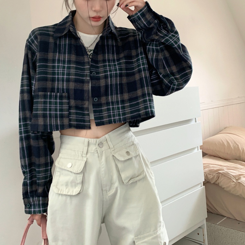 Áo sơ mi SUXI tay dài họa tiết sọc caro thời trang cho nữ