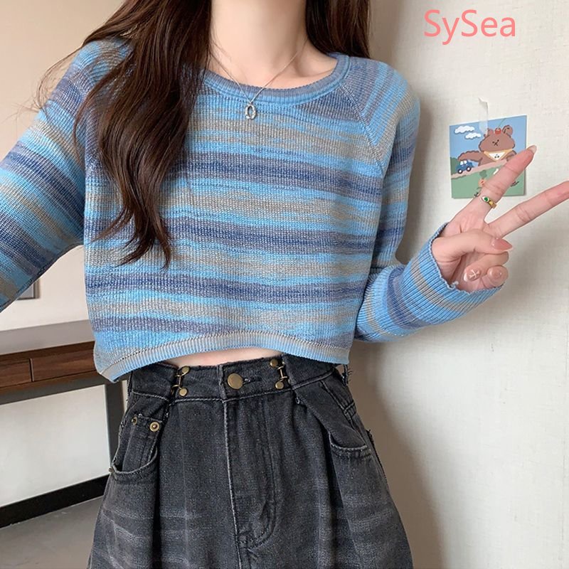 Áo Croptop Dệt Kim Kẻ Sọc Màu Cầu Vồng Kiểu Hàn Quốc Thời Trang Mùa Thu Cho Nữ