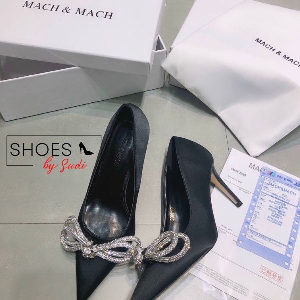 Giày cao gót SUDI - H94-BDC 5p nhọn bít mũi có nơ đính đá to 2 màu trắng đen tiểu thư cuốn hút mọi ánh nhìn