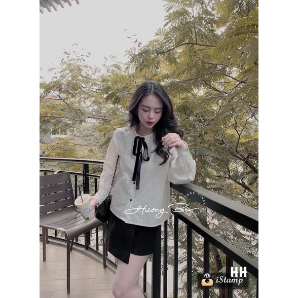 ANU730 - ÁO SƠ MI NỮ TRẮNG CỔ BÈO REN NƠ ĐEN