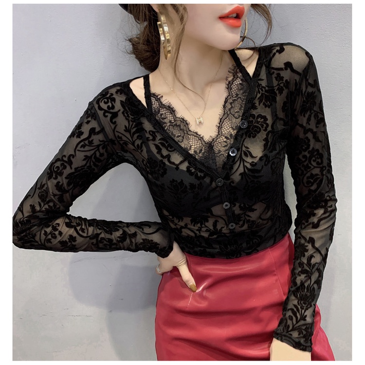Áo lưới dài tay cổ chữ v phối ren thời trang mùa xuân cho nữ Áo ren dài tay