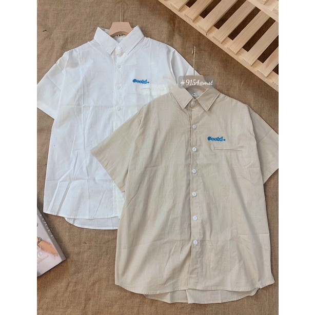 Áo sơ mi học sinh Hàn Quốc cộc tay chất linen thêu chữ ootd form rộng