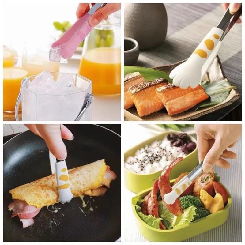 Kẹp Gắp Thức Ăn Cỡ Nhỏ 12cm Bằng Thép Không Gỉ Chống Trượt Họa Tiết Chân Mèo Hoạt Hình Dễ Thương
