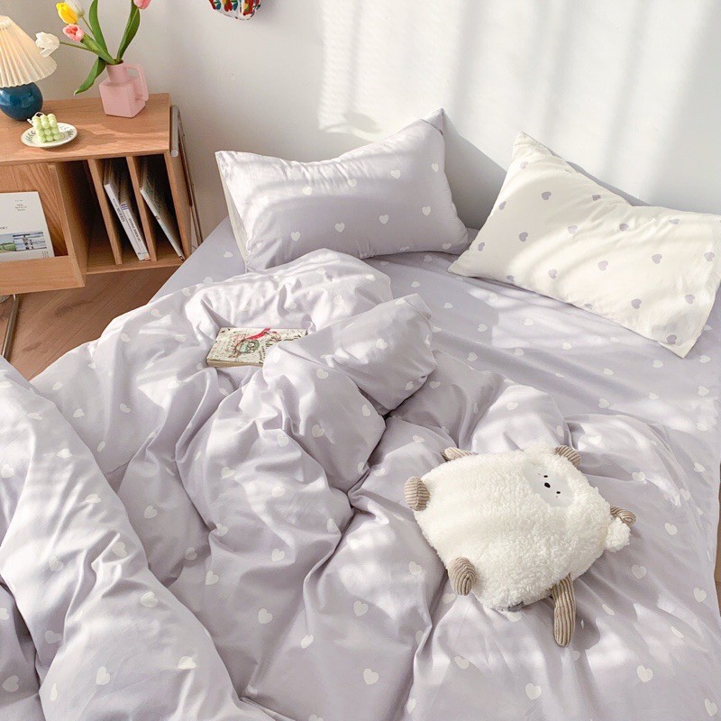 Bộ chăn ga gối poly -mẫu trái tim trắng -Luis bedding miễn phí bo chun theo kích thước l