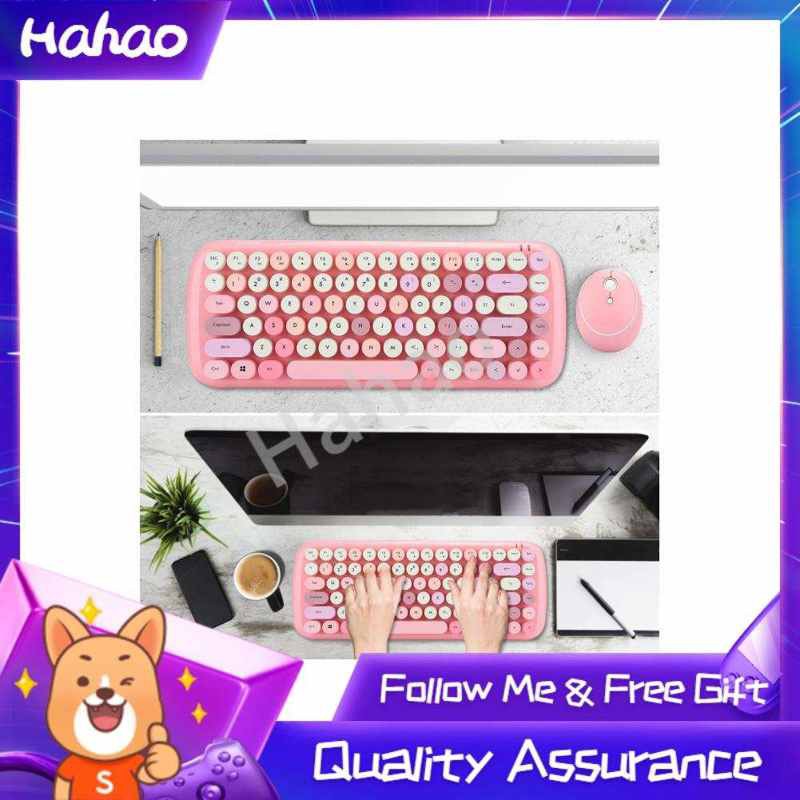 Hahao Wireless Keyboard Mouse Set Mini Mixed Colors Round Keycap Office Supplies