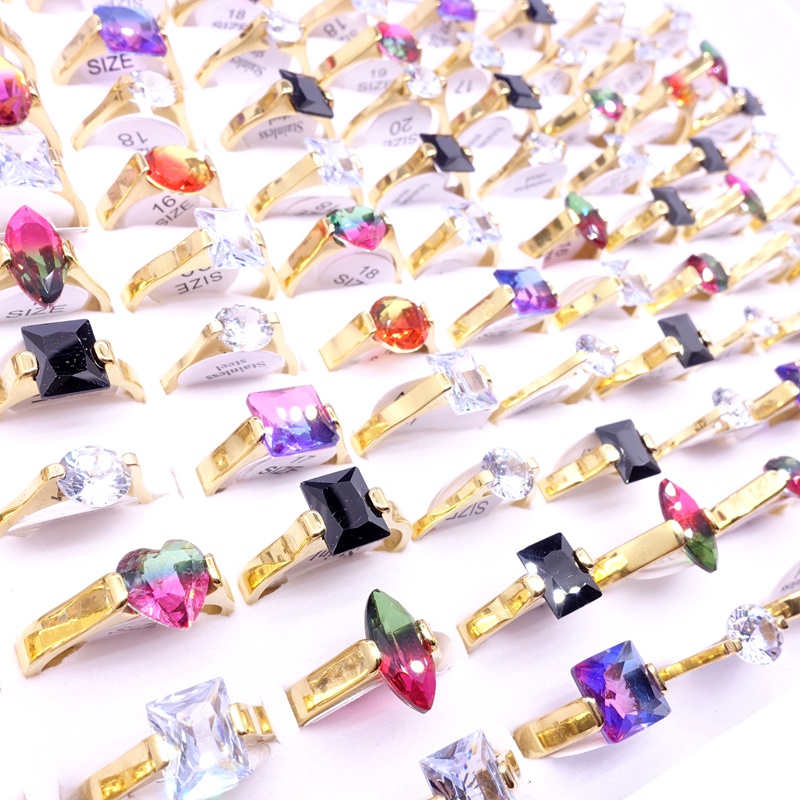 Set 20 Nhẫn Thép Không Gỉ Mạ Vàng / Bạc Đính Đá Zircon Dành Cho Cặp Đôi