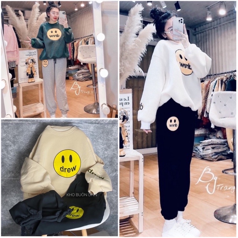 Set Nỉ Bông Form Rộng Tay Bồng Unisex Nam Nữ, Bộ Nỉ Áo Sweater Kèm Quần Đủ Màu In Hình Mặt Cười Siêu Bassic Ulzzang