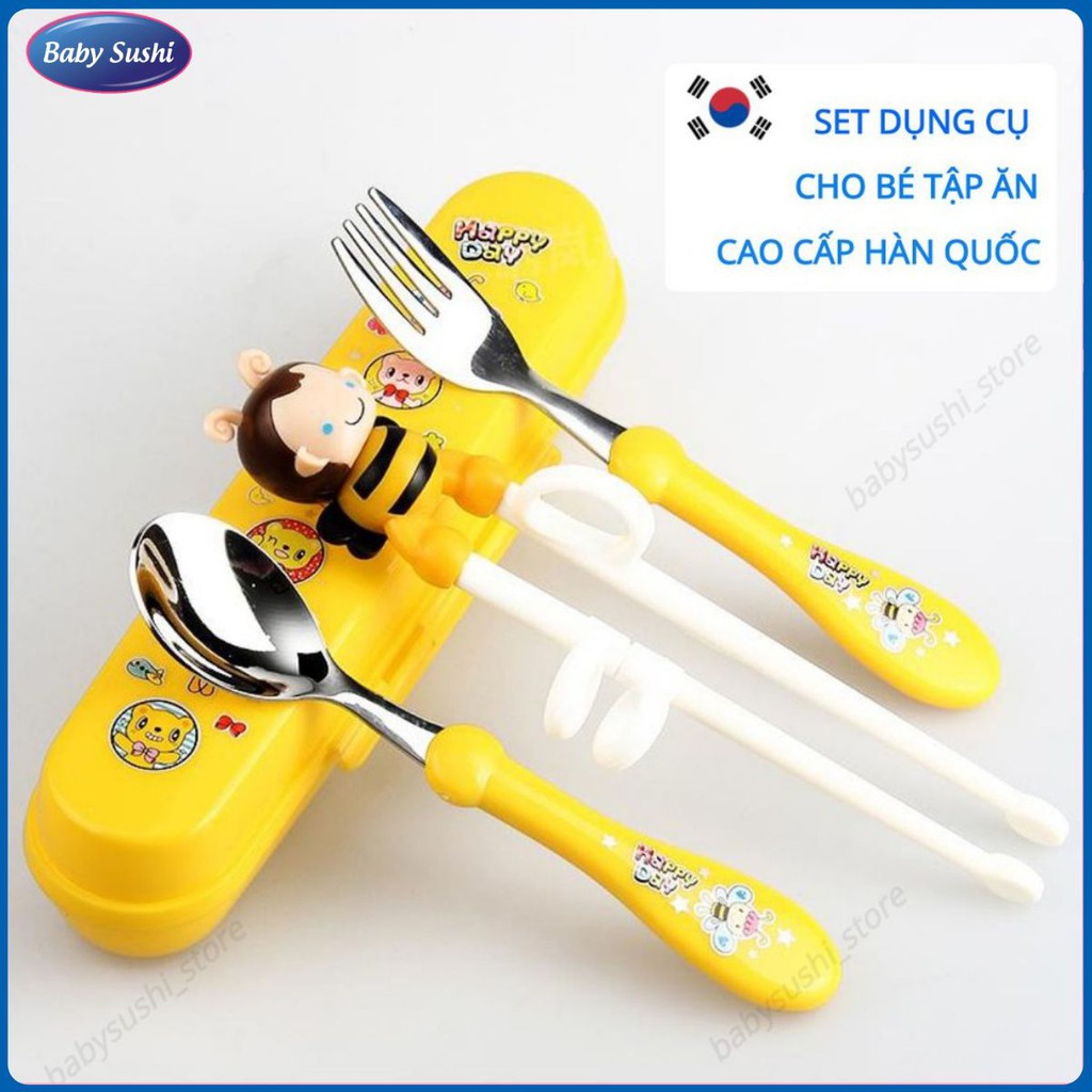 Bộ đũa tập ăn Babysushi Hàn Quốc kèm thìa và dĩa cho bé, bộ thìa dĩa đũa ăn dặm cho trẻ bằng inox cao cấp