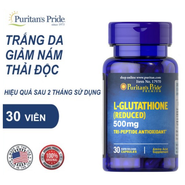 Viên uống hỗ trợ làm trắng da, giảm nám, thải độc L- Glutathione (Reduced) 500mg Puritan's Pride 30 viên | BigBuy360 - bigbuy360.vn
