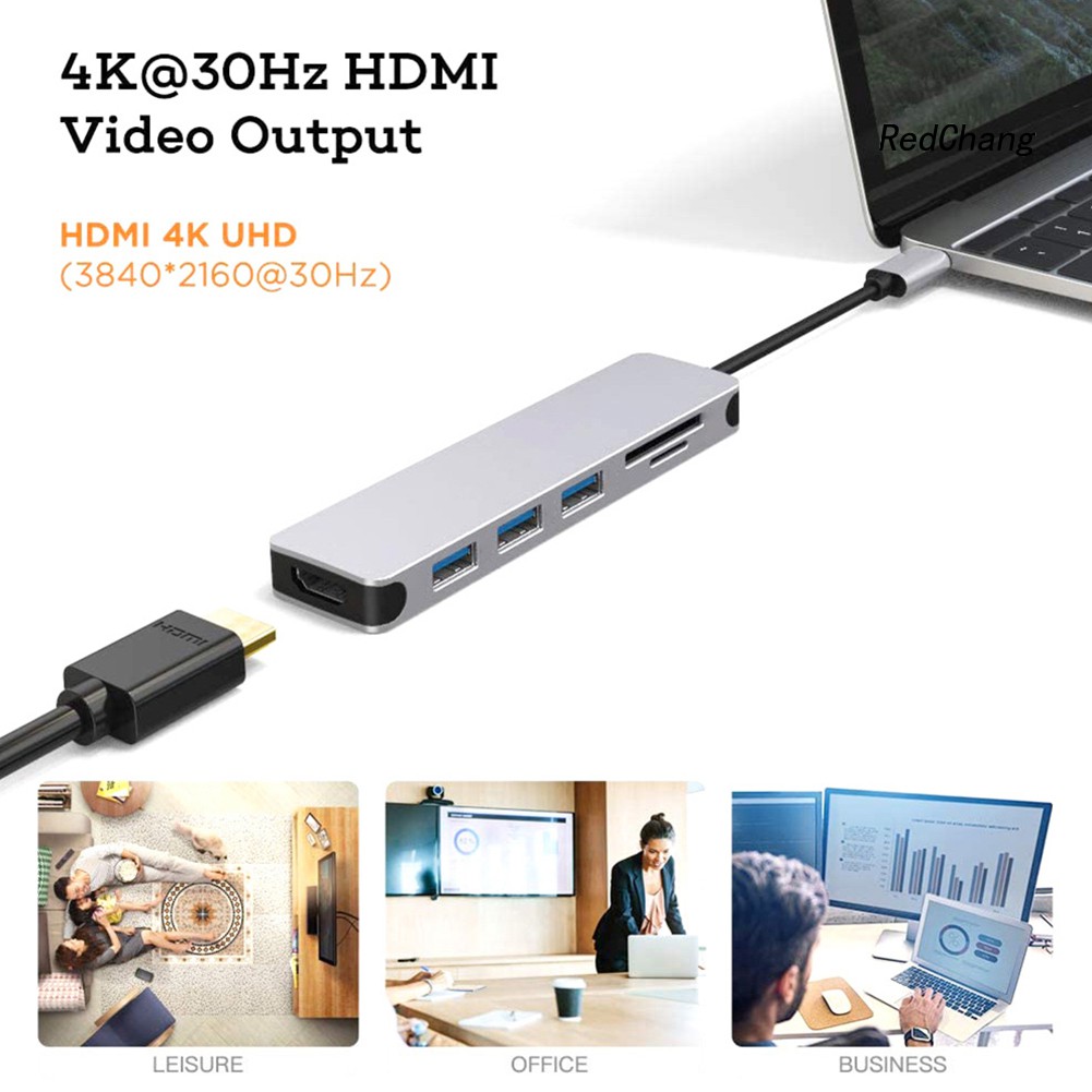 -SPQ- 4K 6 in 1 Type-C to HDMI/USB3.0 Converter Adapter Card Reader Fast Charging Dock