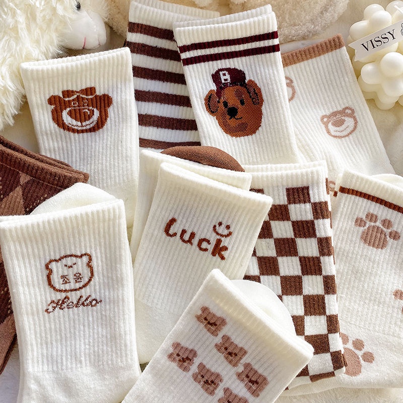 Vớ Giữ Ấm Họa Tiết Gấu Phong Cách Retro Harajuku Cho Mùa Đông