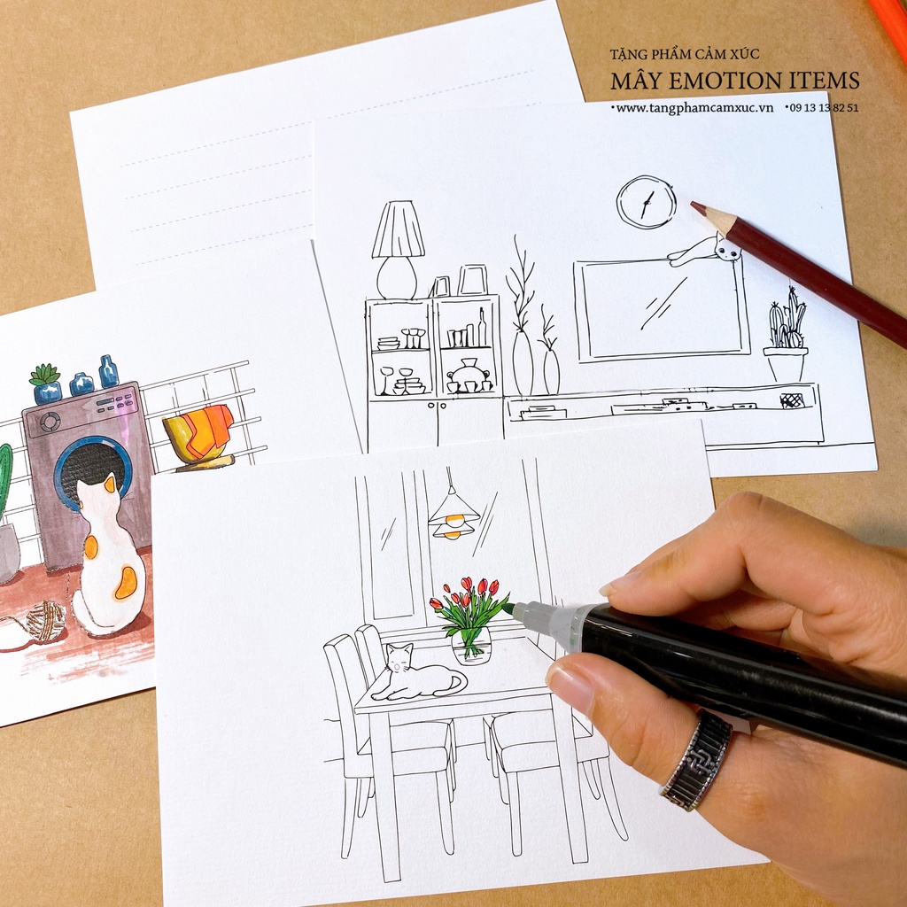 Thiệp/ postcard tô màu giấy vẽ màu nước 300gsm