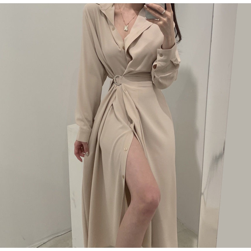 Đầm Sơ Mi Nữ Tay Dài Buộc Eo Thời Trang Hàn Quốc
