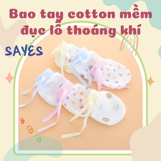 Bao tay cho bé 3-12 tháng, vải cotton dệt lỗ thoáng mát, có dây rút, thấm hút tốt