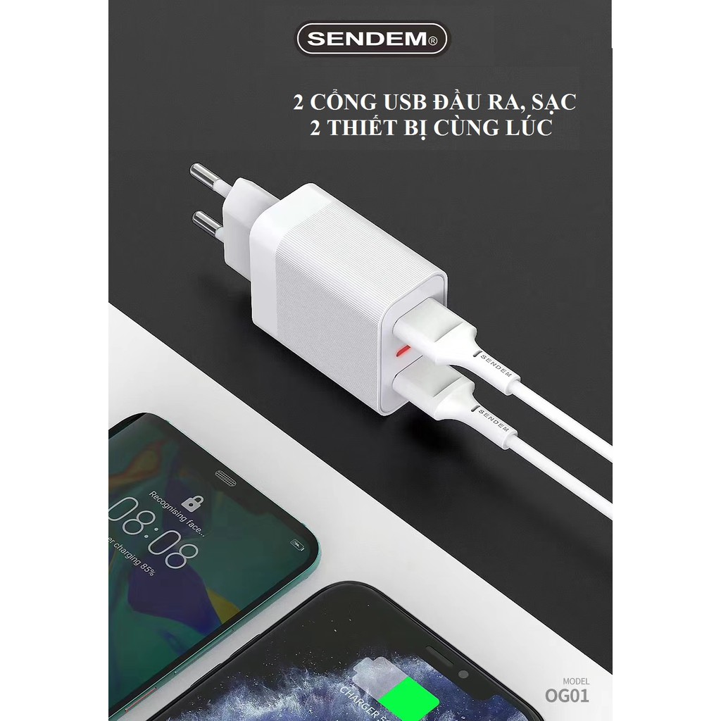 Sạc iphone SENDEM OG01 chân Lightning, Micro Usb, Type C 2 Cổng USB Sạc Nhanh 2.4A Bảo Hành 12 Tháng - Phụ Kiện Việt