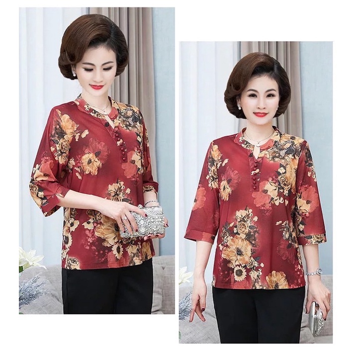 [HÀNG SẴN KHO] áo trung niên nữ cho bà và mẹ cổ trụ in hoa chất liệu mát mềm mịn ATN01