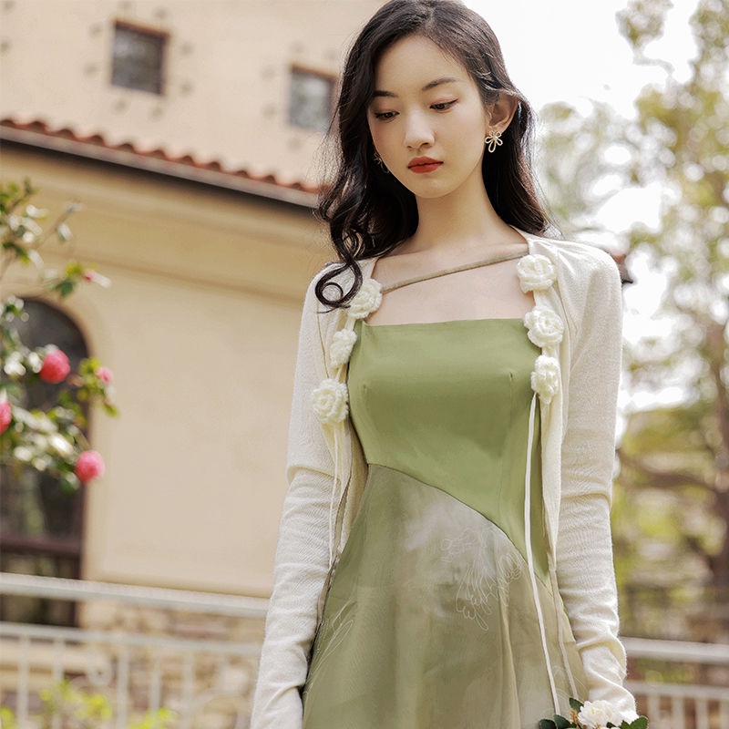 Set Đầm Dây Nữ Cổ Chữ V Cộc Tay + Áo Khoác Dáng Dài Thời Trang
