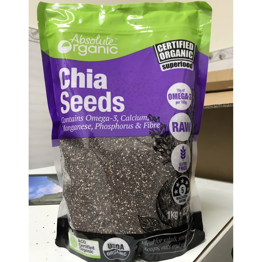 Hạt chia Absolute Organic được nhập khẩu chính ngạch, có tem chống giả của Bộ Công An, có logo Ecofarm phản quang.