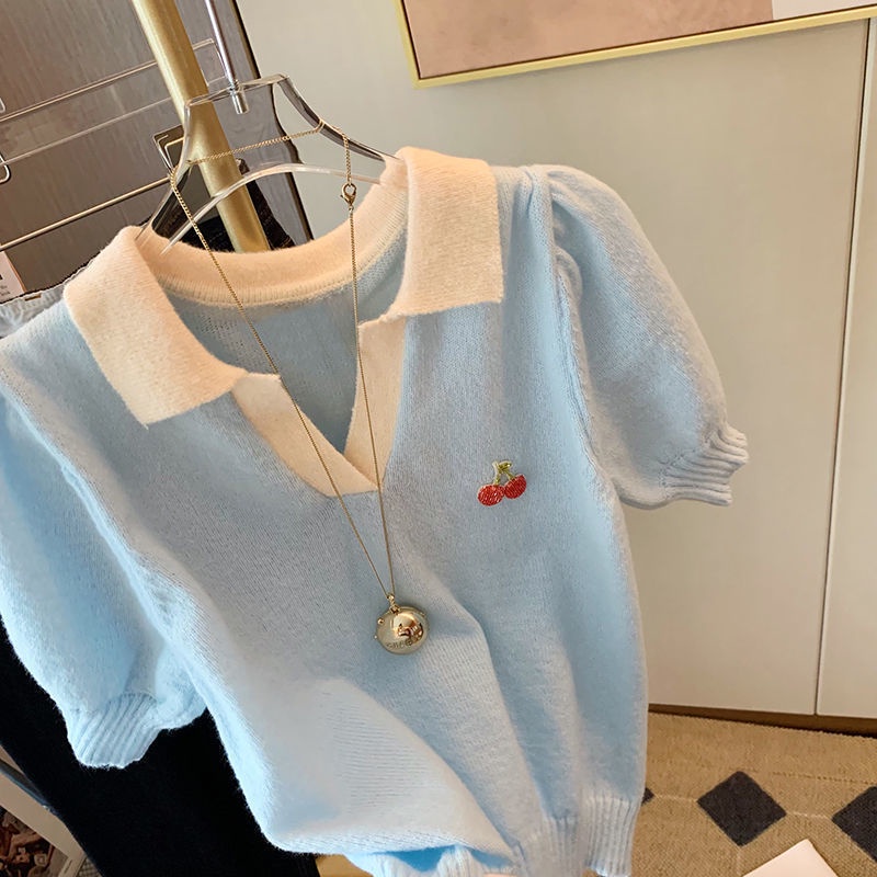 Áo Thun Dệt Kim Mỏng Ngắn Tay In Hình Quả Anh Đào Màu Xanh Dương Thời Trang Mùa Hè