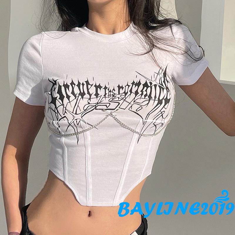 Áo Thun Ngắn Tay Cổ Tròn Ôm Dáng In Chữ Phối Dây Xích Kim Loại Cho Nữ