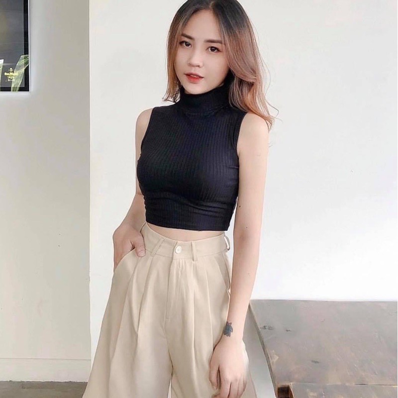 Áo croptop CỔ LỌ 3 LỖ TRƠN Trắng - Đen // Thiên Yết QT